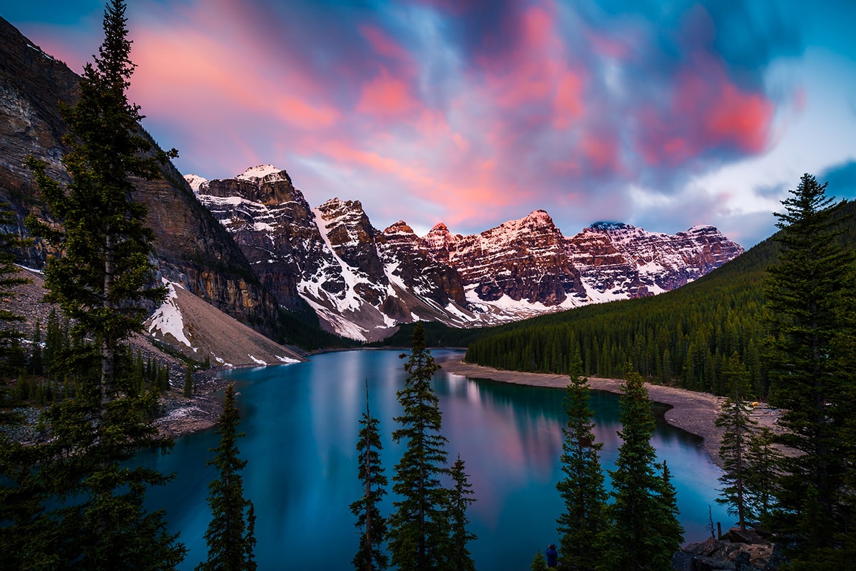 A serene turquoise lake in the Canadian Rockies